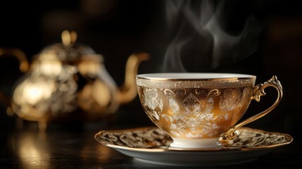 Fototapeta premium Golden teacup with steam rising, beside a teapot