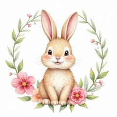 Adorable bunny in floral wreath, watercolor style, garden, whiskers