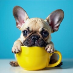 Adorable Frenchie cradles warm drink in yellow mug against blue, dog, tea, design element