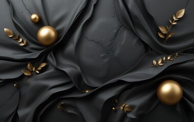 3D Render Of Black Satin Fabric With Golden Balls And Leaves