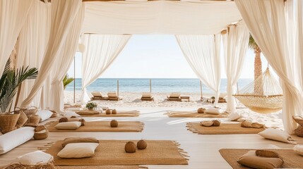 Beachside relaxation space with white linens and beige accents.  Open-air, ocean view, yoga mats, and comfy seating
