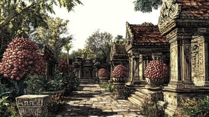 Ancient temple courtyard, lush with exotic plants