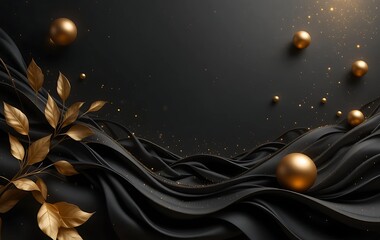Black Wavy Background With Golden Leaves