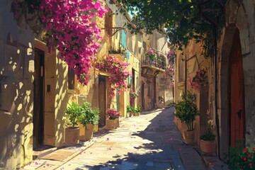 Fototapeta premium A vibrant alleyway adorned with blooming bougainvillea and potted plants, capturing the essence of a serene Mediterranean village with sunlight filtering through the leaves