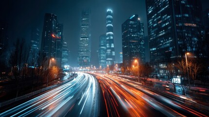 Fototapeta premium Modern city traffic at night background