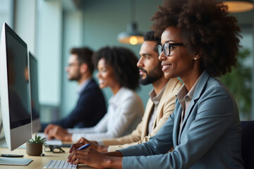 African-American Business Professionals Working Remotely in a Modern Office Setting