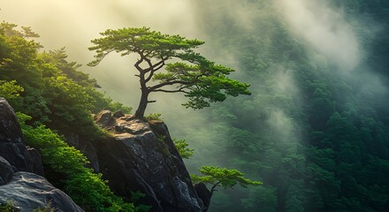Fototapeta premium A lonely tree stands on a cliff above a precipice shrouded in fog, colorful illustration