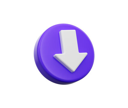 3D White downward arrow on Purple icon, symbolizing download or downward direction, 3d illustration
