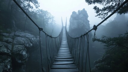 Fototapeta premium Misty Mountain Rope Bridge: A Journey into the Unknown
