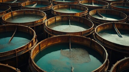 Aerial view of large industrial tanks filled with liquid, surrounded by a rustic environment