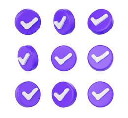 3D Set of Purple icons with a white checkmark symbol, . 3d illustration