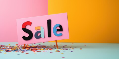 Bright sale sign with colorful letters and confetti on vibrant background