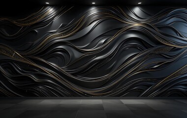 3D Render, Abstract Black And Gold Background, Liquid Waves With Golden Elements