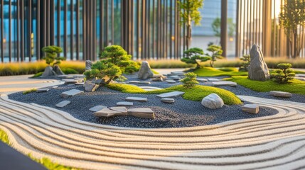 Zen garden with gravel, rocks, and miniature trees