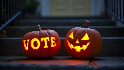 Illuminated Halloween Pumpkins- Vote & Jack-o'-lantern on Steps