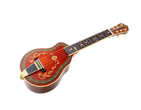 Ornate red and gold ukulele against a transparent background