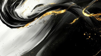 Abstract Black, White, and Gold Swirl Painting: A Modern Masterpiece