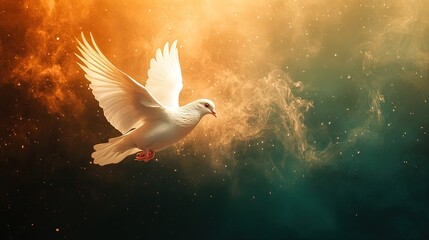 A white dove soars through a vibrant, ethereal sky.  Golden light illuminates its wings, while smoky, dark backgrounds create a mystical atmosphere