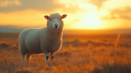 Fototapeta premium A serene sheep stands in a golden field at sunset, with a vibrant sky illuminating the background
