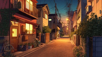 Fototapeta premium Serene Evening View of a Residential Street in Tokyo Anime Style