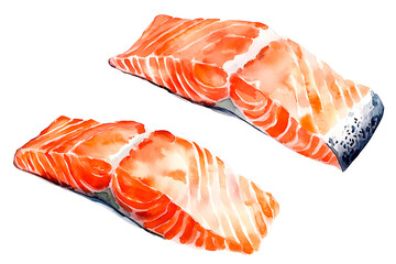 watercolor painting Salmon set isolated on white background.
