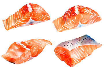 watercolor painting Salmon set isolated on white background.