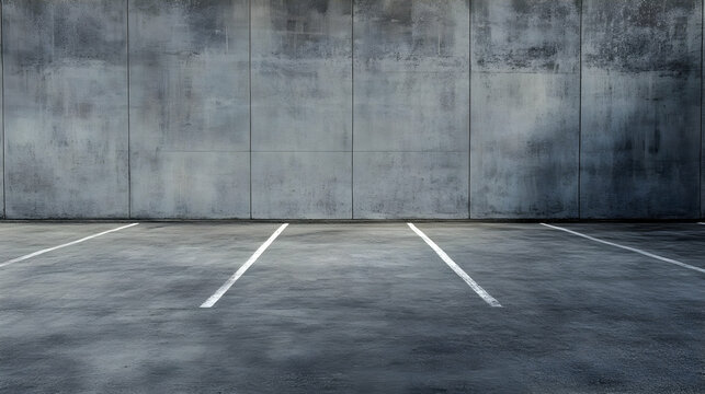 Empty parking spaces with white lines against a concrete wall.