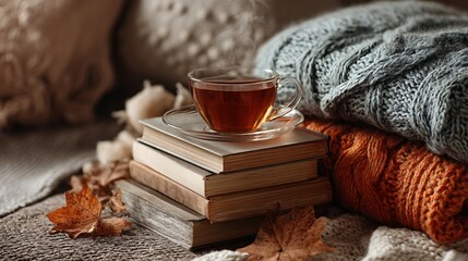 Fototapeta premium Tea and books with fall colors