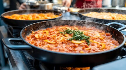 Fototapeta premium Steaming Hot Tomato Sauce with Rosemary and Vegetables in Pan