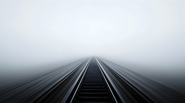 Railway tracks receding into thick fog creating a sense of depth and mystery.