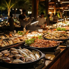 Obraz premium Seafood Extravaganza: An Abundance of Grilled and Raw Fish Delights at a Restaurant Buffet Table, Lit Up Under Warm Tones at Night, Ready for Customers.