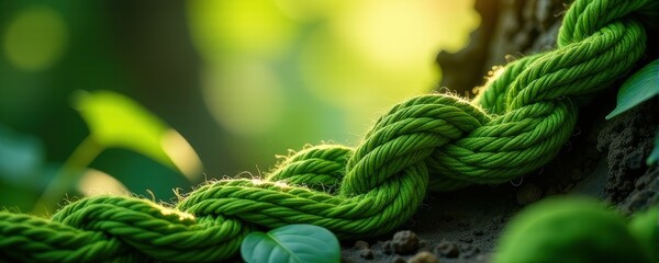 Vibrant green rope on forest floor in sunlit nature scene.