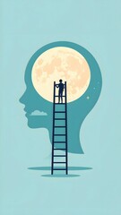 A person climbs a ladder into a human head silhouette with a glowing moon inside, symbolizing imagination and discovery.