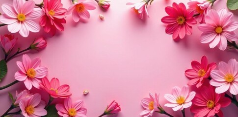 Pink backdrop, vibrant blooms in overhead shot, colorful, romantic, pastel