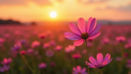 Fototapeta premium Pink cosmos bathed in sunset's warm glow, swaying gently in a vast field , floral, beauty, light