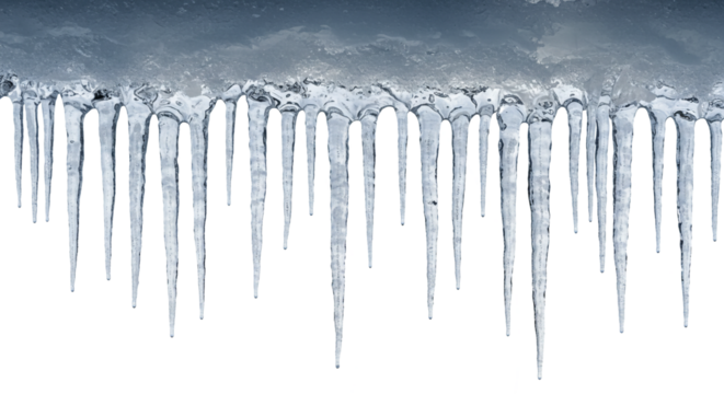 Hanging Icicles Melting in Winter Season on White