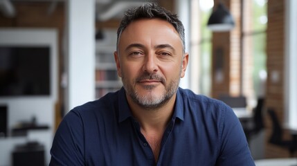 Confident Middle-Aged Man Portrait: A headshot of a confident middle-aged man with short graying hair and a well-groomed beard, looking directly at the camera with a calm and assured expression.