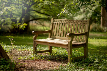 Fototapeta premium Serene Wooden Bench In A Lush Green Garden On A Sunny Day Perfect Tranquility