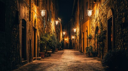 Enchanting Night Scene in Tuscany with Golden Street Lamps