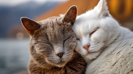 Naklejka premium Two cuddling cats sleep warmly together