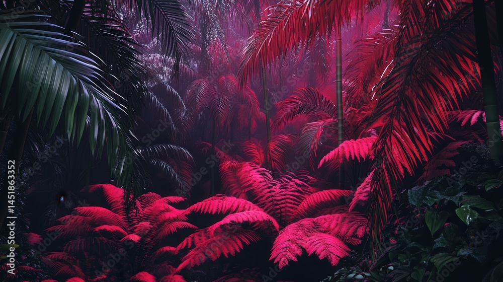 Fototapete surrounded by purplish-red ferns and palms, the space offers a lush, inviting feel and ample space t