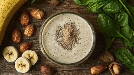 smoothie with cricket powder surrounded by bananas, spinach, and almonds on wooden surface cricket smoothie protein powder health drink superfood nutrition ingredients future food banana spinach 