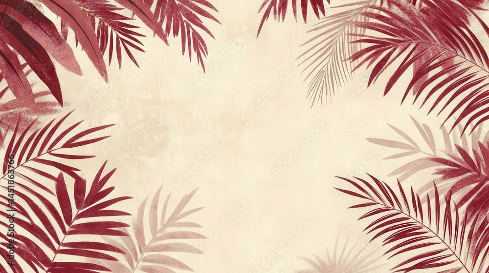 Poster purplish-red ferns and palms create an inviting, lush backdrop, offering ample space for text overla