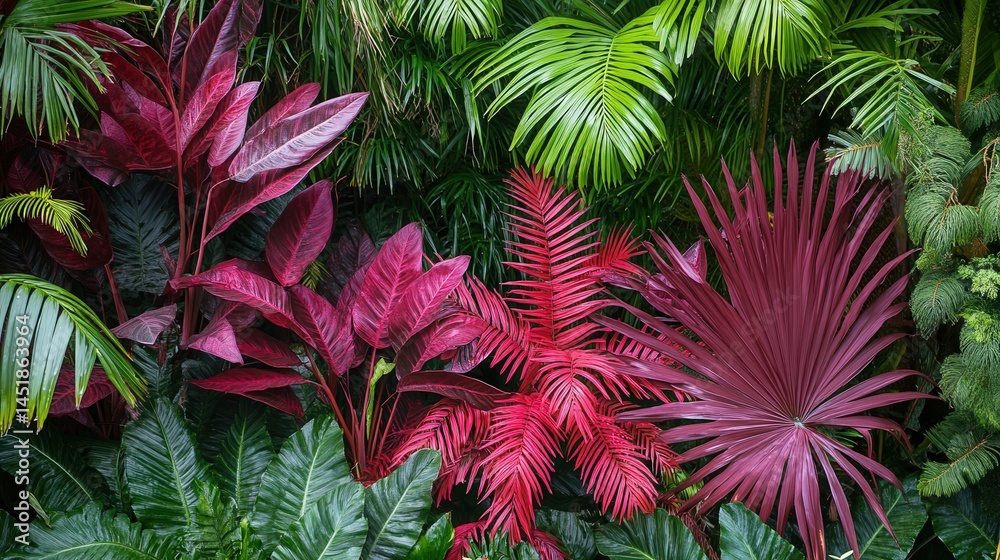 Fototapete Purplish-red ferns and palms lend their rich colors to a lush and inviting environment, with plenty of space available for easy text overlay.