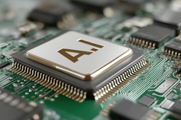 AI Chip on Circuit Board: Artificial Intelligence Technology Concept, Green Background