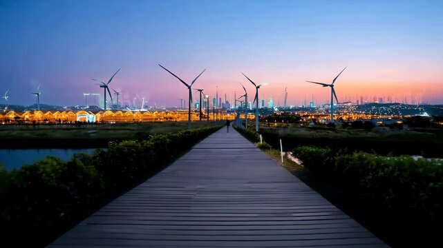 Wooden boardwalk guides eye to horizon where turbines harvest wind energy, calm water reflects pastel sky, clip promotes planet-friendly goals driven by wind energy dream and smart wind energy use. 