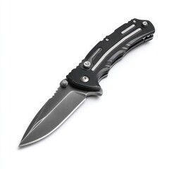 Obraz premium Folding Pocket Knife with Black Handle and Serrated Blade on White Background