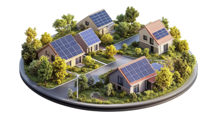 Floating community solar dashboard visualizing neighborhood energy generation, isolated, PNG format, transparent background. Varient 4