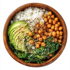 Buddha Bowl with Rice, Chickpeas, Avocado, and Spinach in Wood Bowl on White Background
