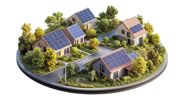 Floating community solar dashboard visualizing neighborhood energy generation, isolated, PNG format, transparent background. Varient 4